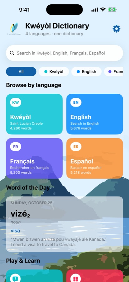 Home screen with search, the four language cards and the Word of the Day