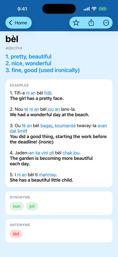 Word page for bèl with meanings, examples, synonyms and antonyms