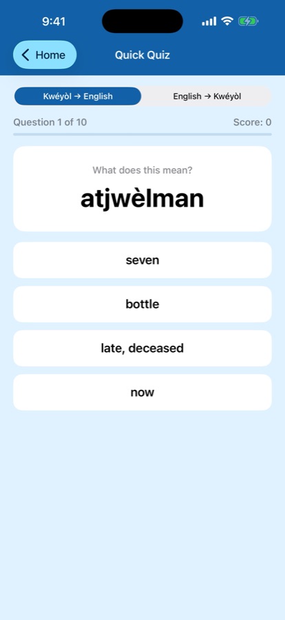 Quick Quiz asking the meaning of a Kwéyòl word